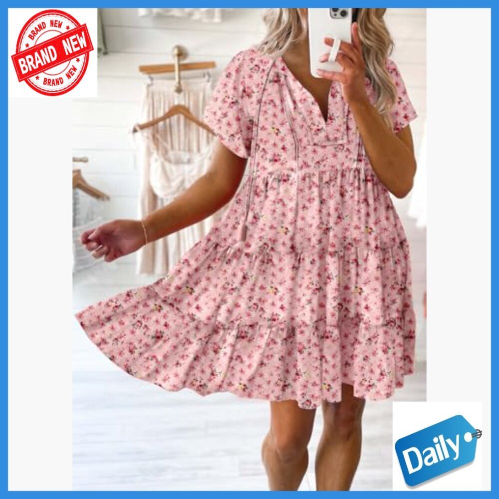 Viscose Mini Dress V-Neck Short Sleeve Boho Flowy Swing A-Line - Picture 2 of 5